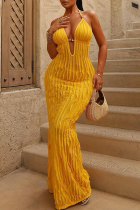 Sexy Solid Color Backless Ruched Halter Long Dresses