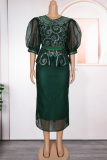 Elegant Solid Color With Belt Hot Drill O Neck Wrapped Skirt Plus Size Dresses