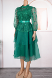 Elegant Solid Color With Belt Mesh O Neck Ball Gown Plus Size Dresses