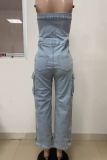Casual Solid Color Pocket Buckle Strapless Sleeveless Regular Denim Jumpsuits