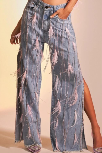 Casual Solid Color Fringed Trim Slit Mid Waist Loose Denim Jeans
