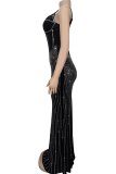 Sexy Solid Color Backless Hot Drill Spaghetti Strap Long Dresses