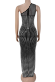 Sexy Solid Color Slit Hot Drill Oblique Collar Long Dresses