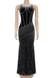 Sexy Solid Color Backless Hot Drill Spaghetti Strap Long Dresses