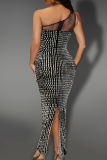 Sexy Solid Color Slit Hot Drill Oblique Collar Long Dresses