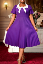 Elegant Solid Color Bow Decor Pleated Square Neck Long Plus Size Dresses