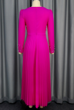 Elegant Solid Color Pearls Decor Pleated V Neck Long Dresses