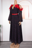 Elegant Polka Dot With Belt V Neck Long Plus Size Dresses