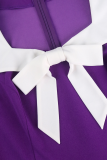Elegant Solid Color Bow Decor Pleated Square Neck Long Plus Size Dresses
