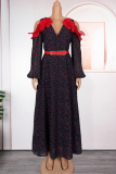 Elegant Polka Dot With Belt V Neck Long Plus Size Dresses
