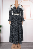 Elegant Polka Dot With Belt V Neck Long Plus Size Dresses