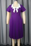 Elegant Solid Color Bow Decor Pleated Square Neck Long Plus Size Dresses