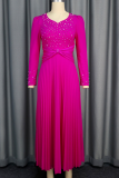 Elegant Solid Color Pearls Decor Pleated V Neck Long Dresses
