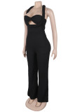 Sexy Casual Solid Color Hollow Out Patchwork Backless Halter Regular Jumpsuits