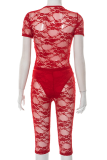 Sexy Solid Color Lace Strap Design V Neck Short Sleeve Two Pieces