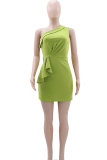 Elegant Solid Color Flounce Oblique Collar Long Dresses