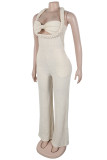 Sexy Casual Solid Color Hollow Out Patchwork Backless Halter Regular Jumpsuits
