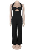Sexy Casual Solid Color Hollow Out Patchwork Backless Halter Regular Jumpsuits