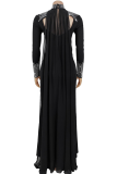 Elegant Solid Color Slit Hot Drill O Neck Long Dresses