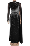 Sexy Elegant Solid Color Hot Drill O Neck Long Dresses