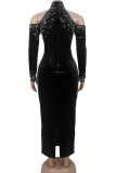 Sexy Elegant Solid Color Hot Drill O Neck Long Dresses