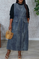 Casual Solid Color Pocket O Neck Sleeveless Loose Denim Dresses