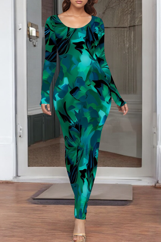 Casual Print O Neck Long Dresses
