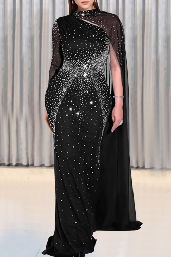 Sexy Elegant Solid Color Hot Drill O Neck Long Dresses