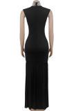 Elegant Solid Color Beading Zipper O Neck Long Dresses