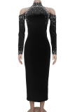 Sexy Elegant Solid Color Hot Drill O Neck Long Dresses