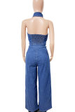 Casual Solid Color Pocket Buckle Turndown Collar Loose Jumpsuits