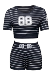 Casual Digital Stripe Patchwork O Neck Short Sleeve Two Pieces