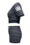 Casual Digital Stripe Patchwork O Neck Short Sleeve Two Pieces