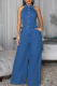 Casual Solid Color Pocket Buckle Turndown Collar Loose Jumpsuits