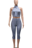 Sexy Casual Stripe Patchwork Half A Turtleneck Sleeveless Two Pieces