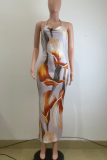 Elegant Print Backless Spaghetti Strap Long Dresses