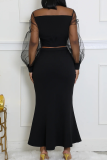 Elegant Solid Color See-Through Half A Turtleneck Long Sleeve Two Pieces