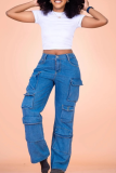 Casual Solid Color Pocket Mid Waist Loose Denim Jeans