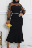 Elegant Solid Color See-Through Half A Turtleneck Long Sleeve Two Pieces
