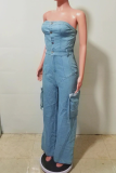 Casual Solid Color Fringed Trim Pocket Strapless Sleeveless Loose Denim Jumpsuits