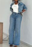 Casual Solid Color Mid Waist Straight Denim Jeans