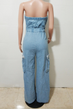 Casual Solid Color Fringed Trim Pocket Strapless Sleeveless Loose Denim Jumpsuits