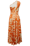 Casual Print Pocket Oblique Collar Long Dresses