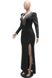 Sexy Elegant Solid Color Slit Hot Drill Deep V Neck Long Dresses