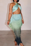 Sexy Ombre Print Ruched Flounce Sleeveless Two Pieces