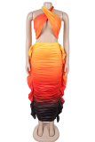 Sexy Ombre Print Ruched Flounce Sleeveless Two Pieces