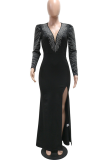 Sexy Elegant Solid Color Slit Hot Drill Deep V Neck Long Dresses