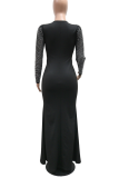 Sexy Elegant Solid Color Slit Hot Drill Deep V Neck Long Dresses