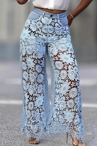 Sexy Solid Color Lace Mid Waist Loose Denim Jeans