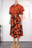 Casual Print Buckle With Belt Turndown Collar A Line Plus Size Dresses